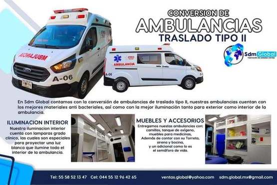 En Sdm Global Mexico Fabricacion conversion equipamiento y venta de Ambulancias de traslado en Mexico, somos fabricantes directos en Mexico. Sdm Global Mexico empresa 100% especializada en la venta fabricación conversión equipamiento de diferentes tipos de ambulancias de traslado y vehículos de emergencia, ofreciendo soluciones personalizadas para diversas necesidades en el mercado nacional.Dedicados a la fabricación de ambulancias y patrullas, ofreciendo servicios relacionados con la seguridad y emergencias, venta de unidades médicas móviles y ambulancias, además de carrocerías industriales,Somos un fabricante mexicano con más de 15 años de experiencia, especializado en la fabricación y comercialización de ambulancias y vehículos de rescate, con un enfoque en la alta calidad y el cumplimiento de normativas mexicanas.Diseñamos y equipamos ambulancias con la tecnología y los materiales necesarios para asegurar funcionalidad y seguridad, cumpliendo con las normativas mexicanas.En Sdm Global Mexico nos dedicamos a la Fabricacion conversion equipamiento y venta de Unidades Moviles Medicas Especiales en Mexico somos fabricantes directos en Mexico.